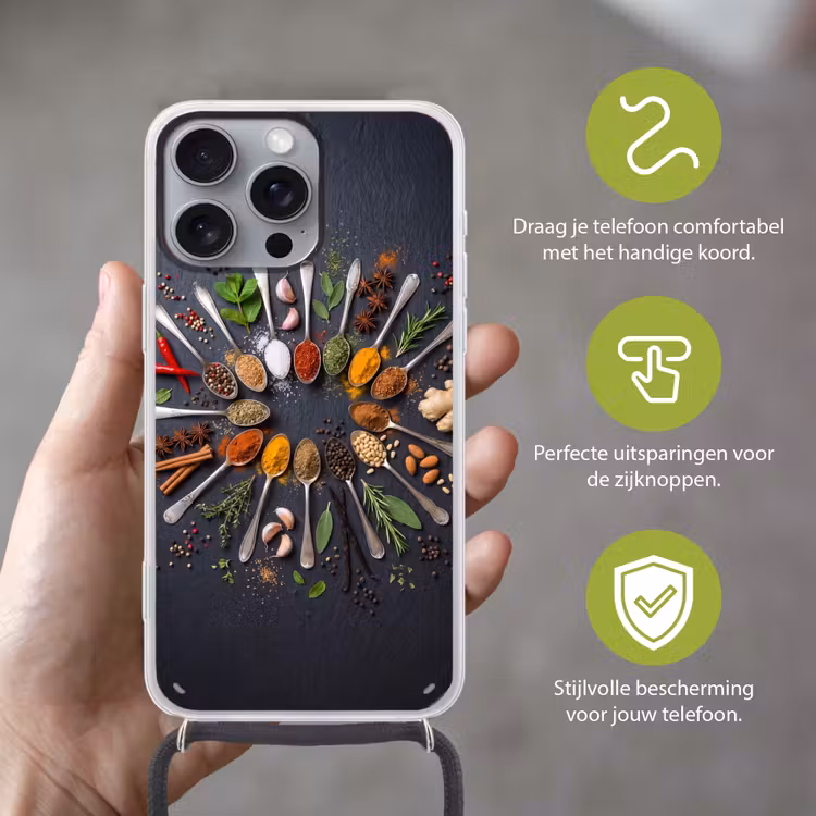 Kruiden - Lepels - Culinair - Kleurrijk - Sfeervol Hoesje iPhone 16 Pro Max met koord klein -sfeer2_NL