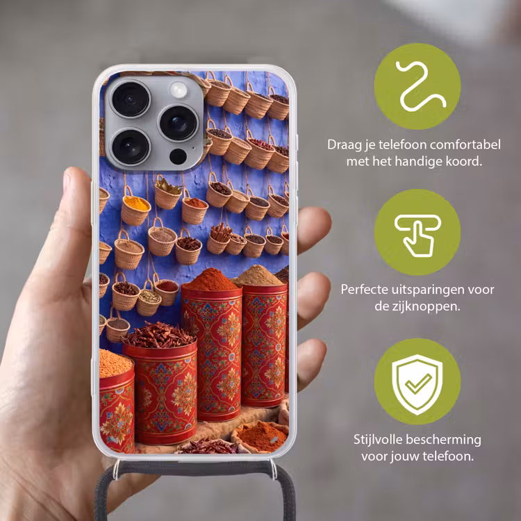 Telefoonhoesje met koord - Kruiden - Manden - Markt - Kruiden - Manden - Markt Hoesje iPhone 16 Pro Max met koord klein