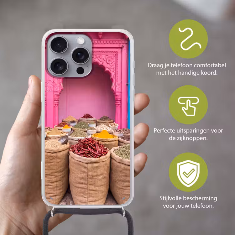 Telefoonhoesje met koord - Kruiden - Markt - Roze - Kruiden - Markt - Roze Hoesje iPhone 16 Pro Max met koord klein