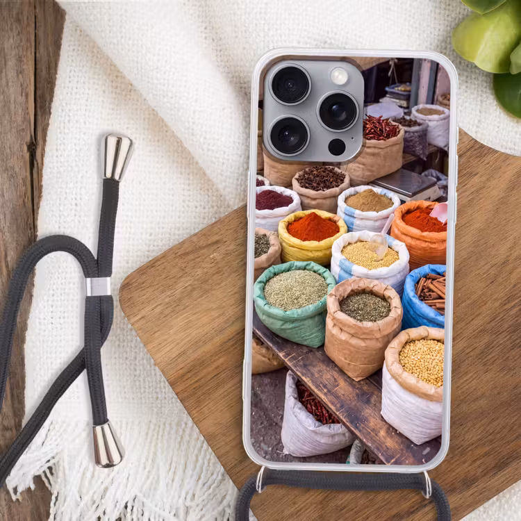 Telefoonhoesje met koord - Kruiden - Zakken - Markt - Kruiden - Zakken - Markt Hoesje iPhone 16 Pro Max met koord klein