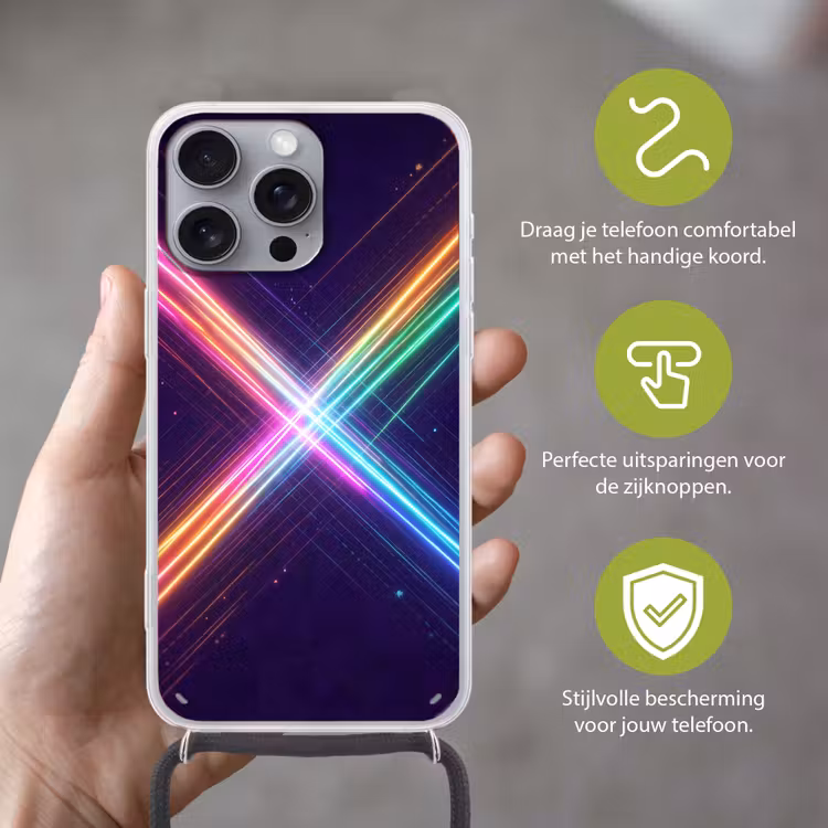 Kruisen - Lasterstralen - Neon Hoesje iPhone 16 Pro Max met koord klein -sfeer2_NL