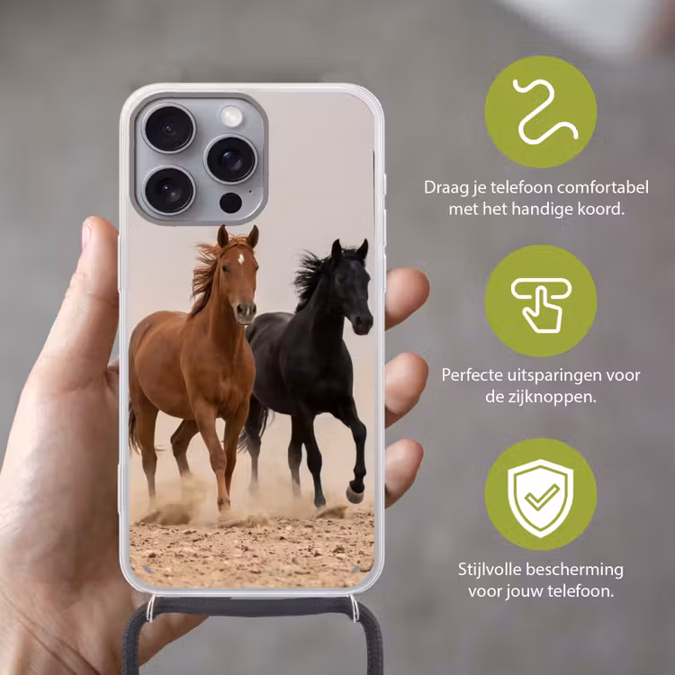 Kudde paarden - Stofwolk - Bruin - Zwart Hoesje iPhone 16 Pro Max met koord klein -sfeer2_NL