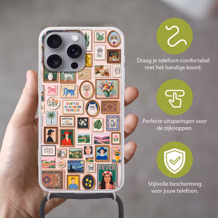 Kunst - Collectie - Decoratie - Modern - Kleurrijk Hoesje iPhone 16 Pro Max met koord klein -sfeer2_NL