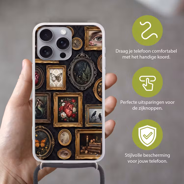 Kunst - Collectie - Vintage - Klassiek - Donker Hoesje iPhone 16 Pro Max met koord klein -sfeer2_NL