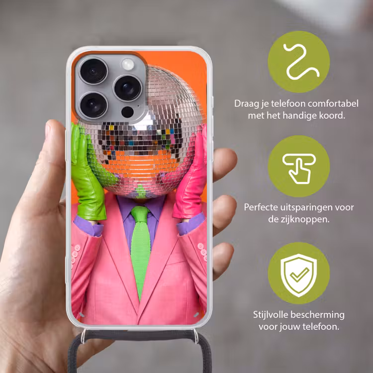 Kunst - Disco bal - Kleurrijk - Modern - Studio Hoesje iPhone 16 Pro Max met koord klein -sfeer2_NL