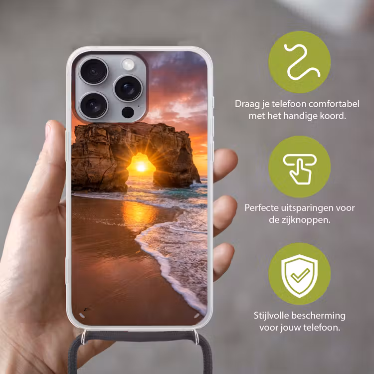 Kust - Rots - Zonsondergang - Zee - Natuur Hoesje iPhone 16 Pro Max met koord klein -sfeer2_NL