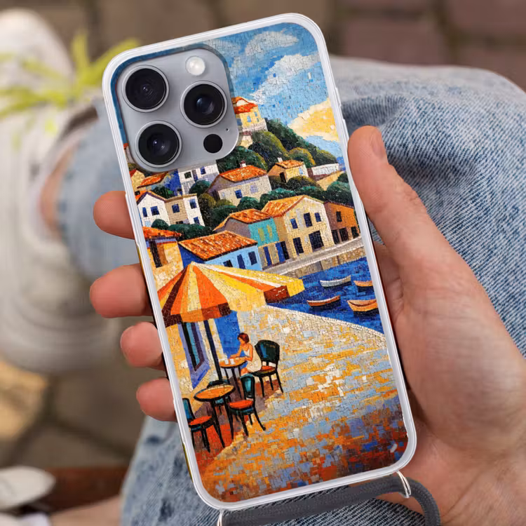 Kustdorp - Huisjes - Mozaïek - Zee Hoesje iPhone 16 Pro Max met koord klein -sfeer3