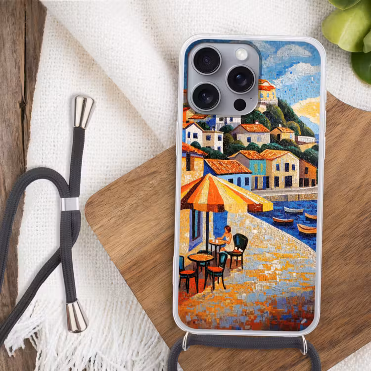 Kustdorp - Huisjes - Mozaïek - Zee Hoesje iPhone 16 Pro Max met koord klein -sfeer4
