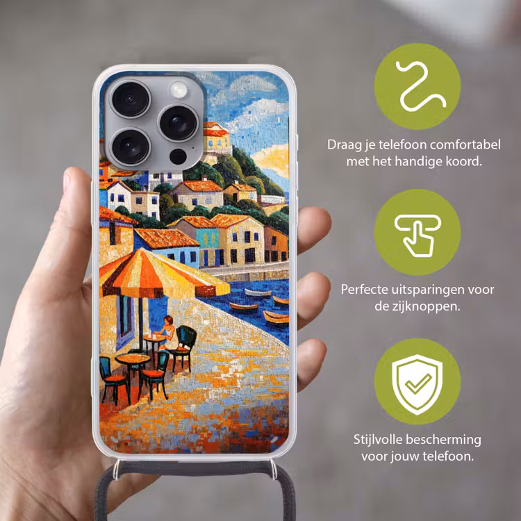Kustdorp - Huisjes - Mozaïek - Zee Hoesje iPhone 16 Pro Max met koord klein -sfeer2_NL