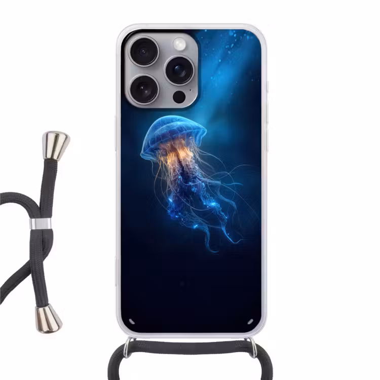 Kwal - Lichtgevend - Tentakels - Blauw Hoesje iPhone 16 Pro Max met koord klein -3d