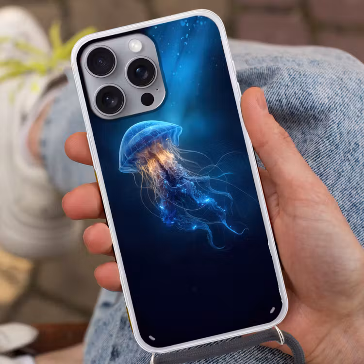 Kwal - Lichtgevend - Tentakels - Blauw Hoesje iPhone 16 Pro Max met koord klein -sfeer3