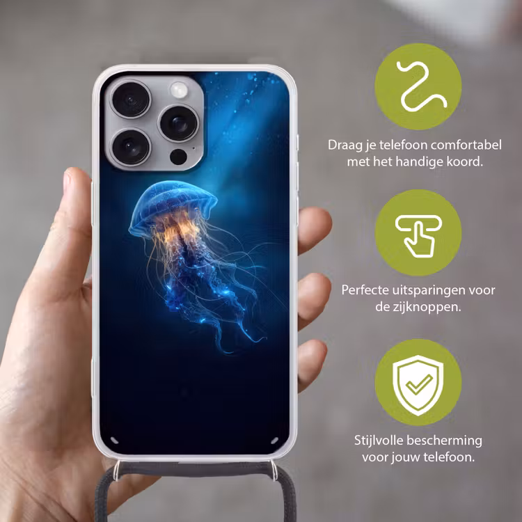 Kwal - Lichtgevend - Tentakels - Blauw Hoesje iPhone 16 Pro Max met koord klein -sfeer2_NL