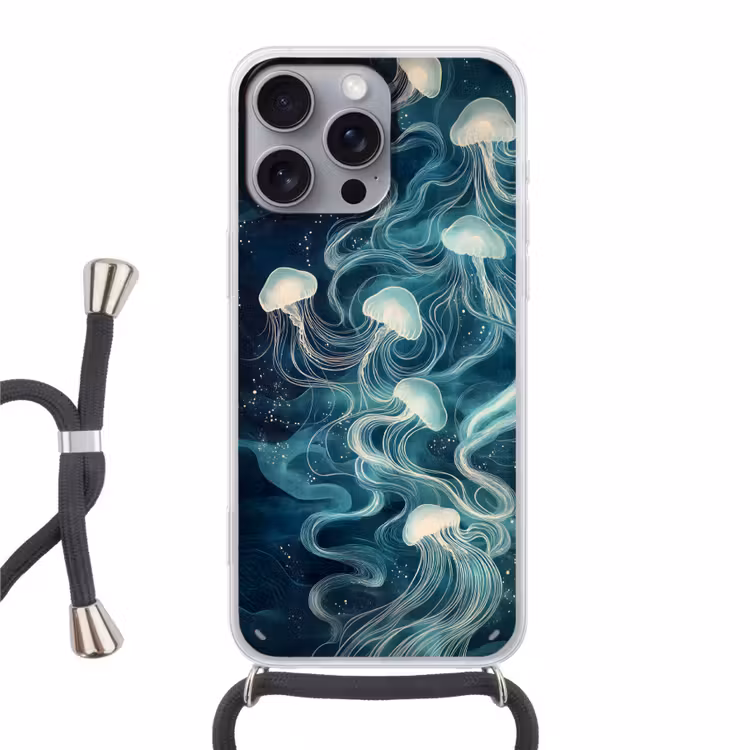 Kwallen - Zee - Wit - Golven Hoesje iPhone 16 Pro Max met koord klein -3d