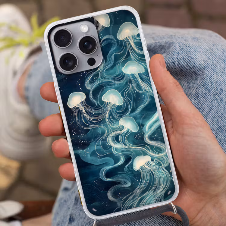Kwallen - Zee - Wit - Golven Hoesje iPhone 16 Pro Max met koord klein -sfeer3