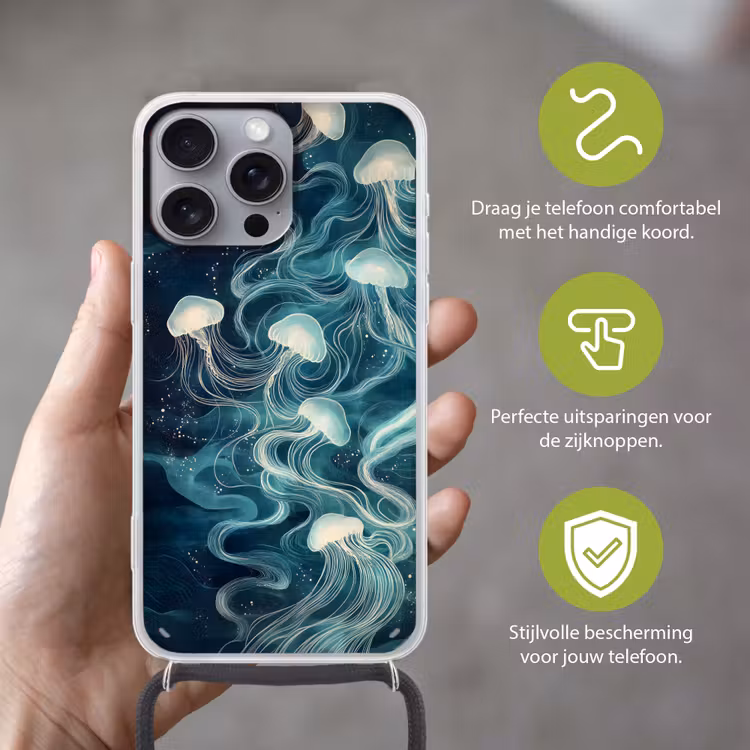 Kwallen - Zee - Wit - Golven Hoesje iPhone 16 Pro Max met koord klein -sfeer2_NL