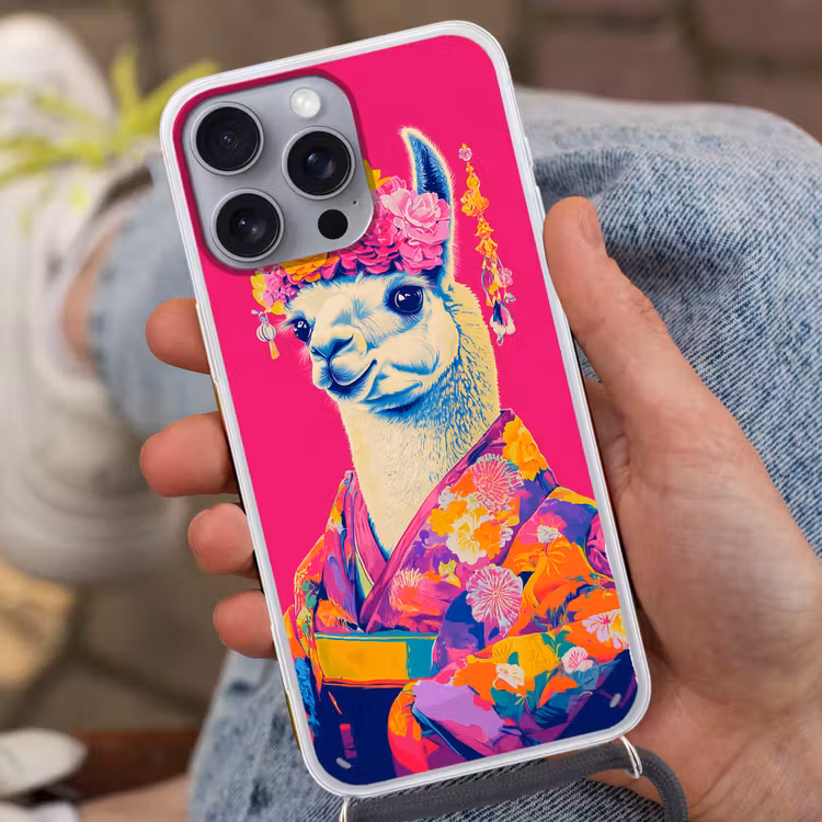 Lama - Kimono - Bloemenkrans - Felroze Hoesje iPhone 16 Pro Max met koord klein -sfeer3