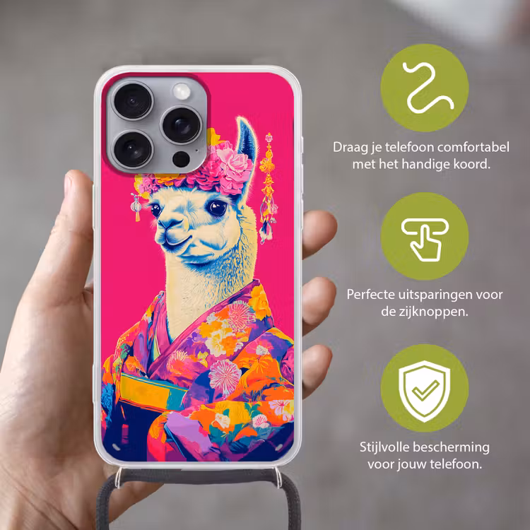 Lama - Kimono - Bloemenkrans - Felroze Hoesje iPhone 16 Pro Max met koord klein -sfeer2_NL