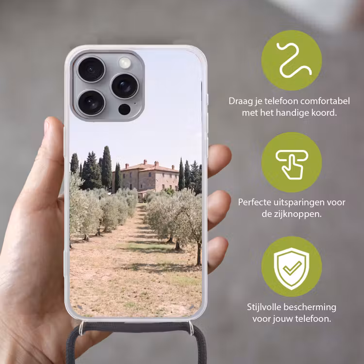 Telefoonhoesje met koord - Landhuis - olijfboom - gaard - Landhuis - olijfboom - gaard Hoesje iPhone 16 Pro Max met koord klein