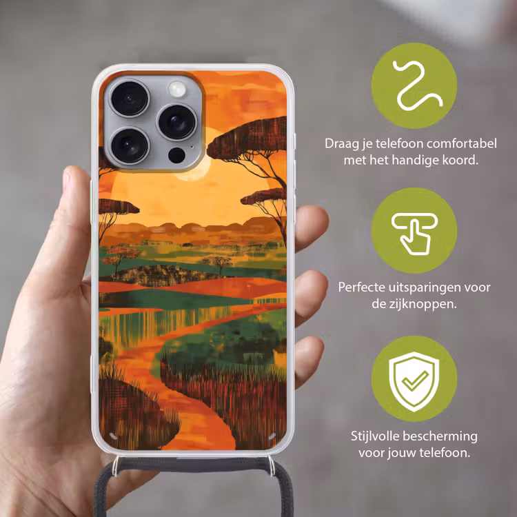 Landschap - Afrikaans - Zon Hoesje iPhone 16 Pro Max met koord klein -sfeer2_NL