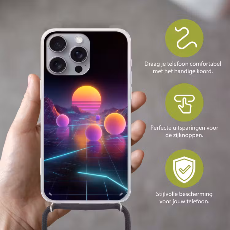 Landschap - Bergen - Bollen - Licht Hoesje iPhone 16 Pro Max met koord klein -sfeer2_NL