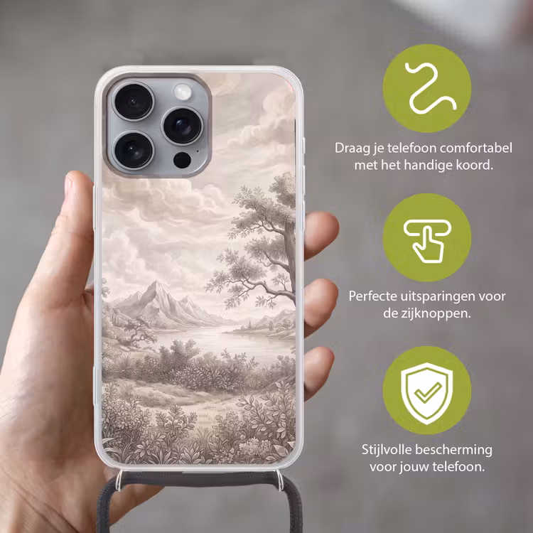 Landschap - Bergen - Meer - Natuur Hoesje iPhone 16 Pro Max met koord klein -sfeer2_NL