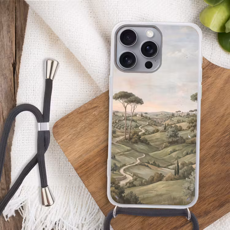 Landschap - Heuvels - Zandpad - Groen Hoesje iPhone 16 Pro Max met koord klein -sfeer4