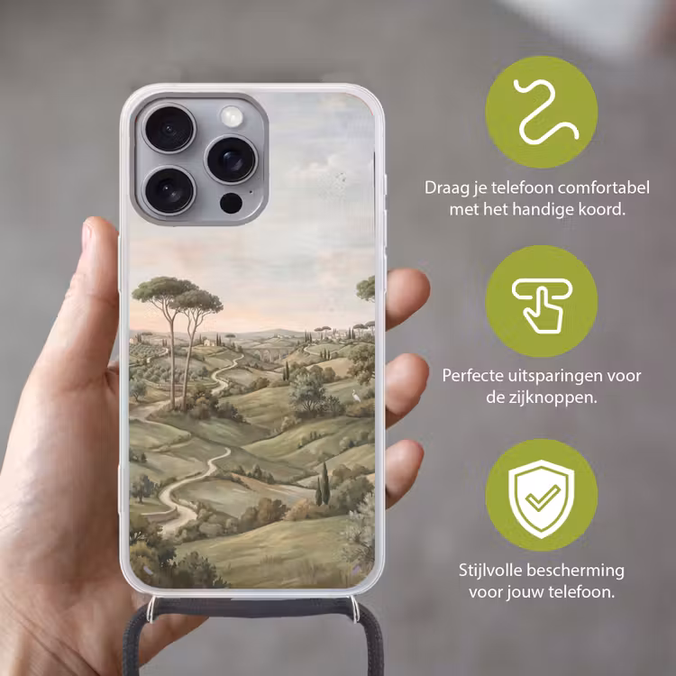 Landschap - Heuvels - Zandpad - Groen Hoesje iPhone 16 Pro Max met koord klein -sfeer2_NL