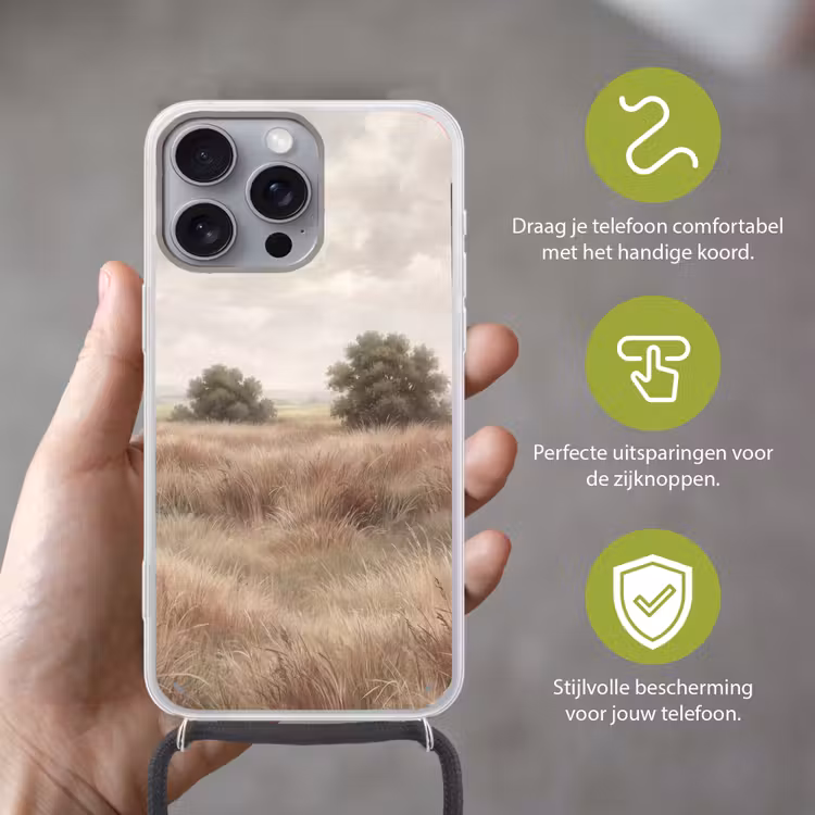 Landschap - Minimalistisch - Beige Hoesje iPhone 16 Pro Max met koord klein -sfeer2_NL