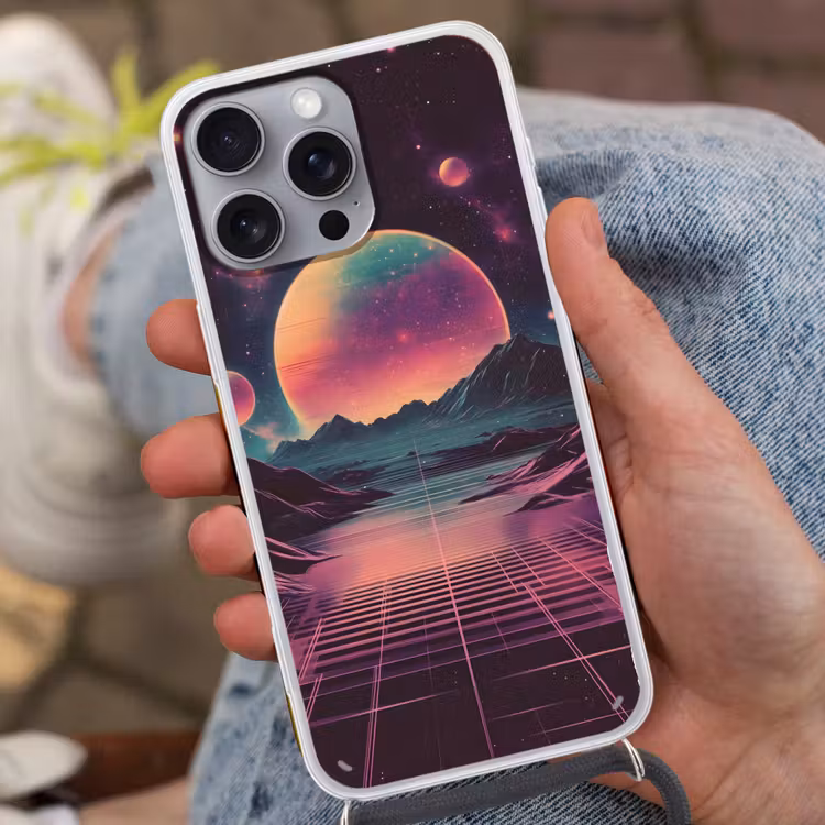 Landschap - Planeten - Horizon - Paars Hoesje iPhone 16 Pro Max met koord klein -sfeer3