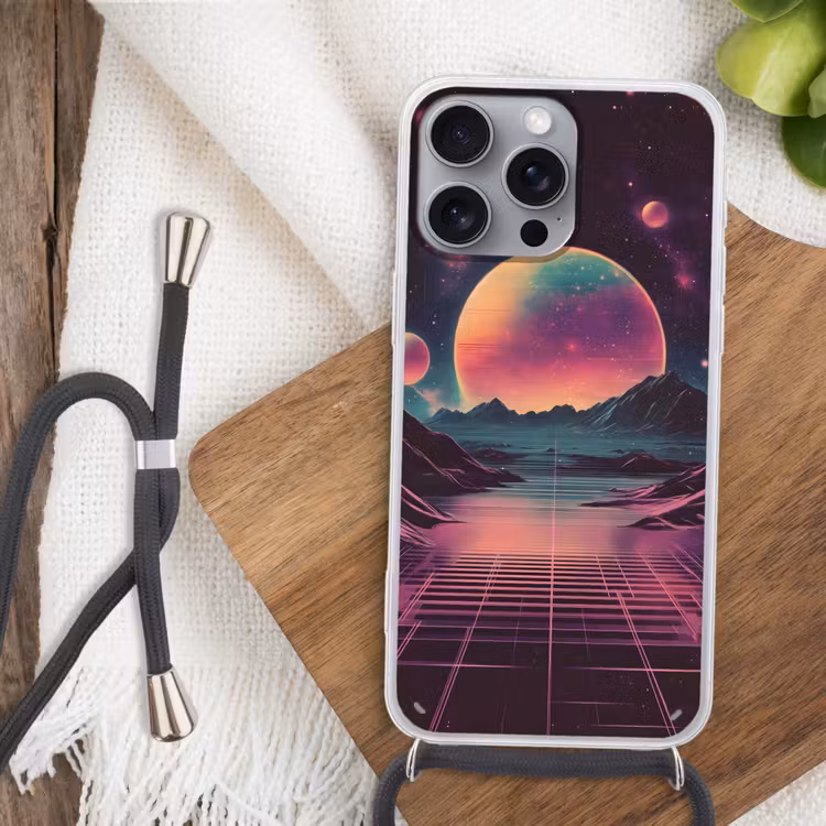 Landschap - Planeten - Horizon - Paars Hoesje iPhone 16 Pro Max met koord klein -sfeer4