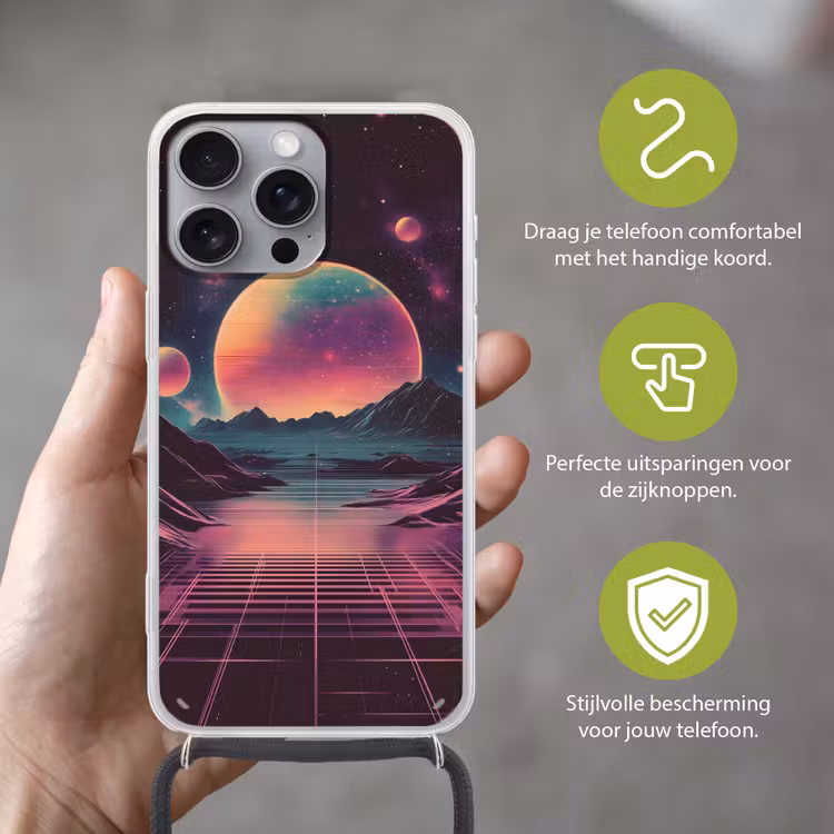 Landschap - Planeten - Horizon - Paars Hoesje iPhone 16 Pro Max met koord klein -sfeer2_NL