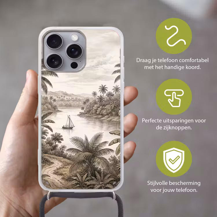 Landschap - Rivier - Boot - Tropisch - Vintage Hoesje iPhone 16 Pro Max met koord klein -sfeer2_NL
