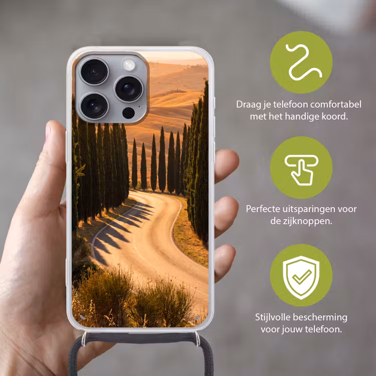 Landschap - Weg - Bomen - Natuur - Goud Hoesje iPhone 16 Pro Max met koord klein -sfeer2_NL