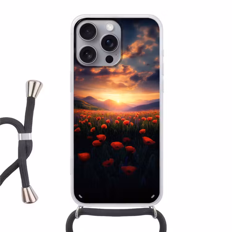 Landschap - Zonsondergang - Bloemenveld Hoesje iPhone 16 Pro Max met koord klein -3d