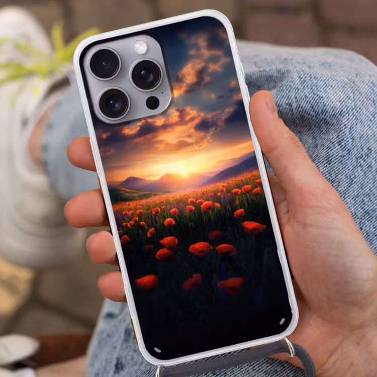 Landschap - Zonsondergang - Bloemenveld Hoesje iPhone 16 Pro Max met koord klein -sfeer3