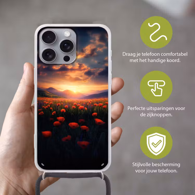 Landschap - Zonsondergang - Bloemenveld Hoesje iPhone 16 Pro Max met koord klein -sfeer2_NL