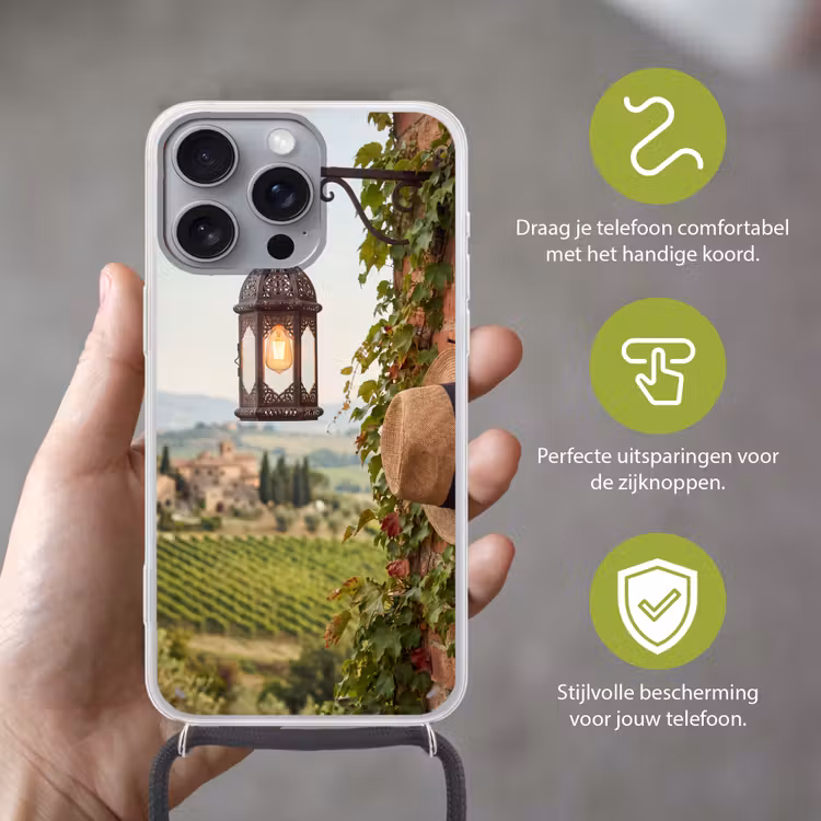 Lantaarn - Wijngaard - Landschap - Italiaans Hoesje iPhone 16 Pro Max met koord klein -sfeer2_NL
