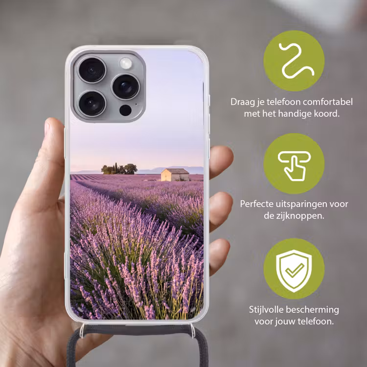 Lavendel - Landschap - Sereen - Paars Hoesje iPhone 16 Pro Max met koord klein -sfeer2_NL