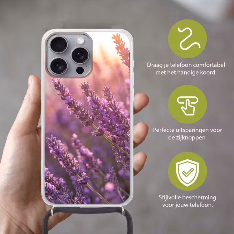 Lavendel - Paars - Zonlicht Hoesje iPhone 16 Pro Max met koord klein -sfeer2_NL