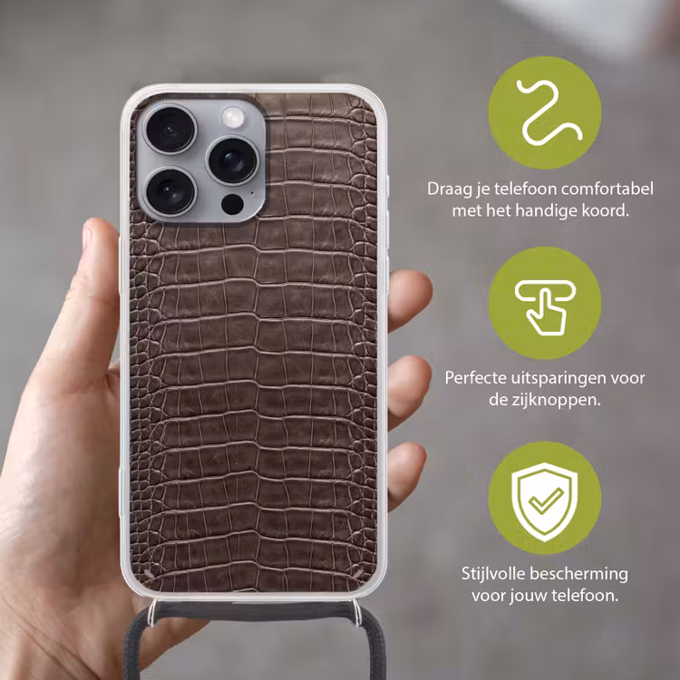 Leer - Krokodil - Mat Hoesje iPhone 16 Pro Max met koord klein -sfeer2_NL