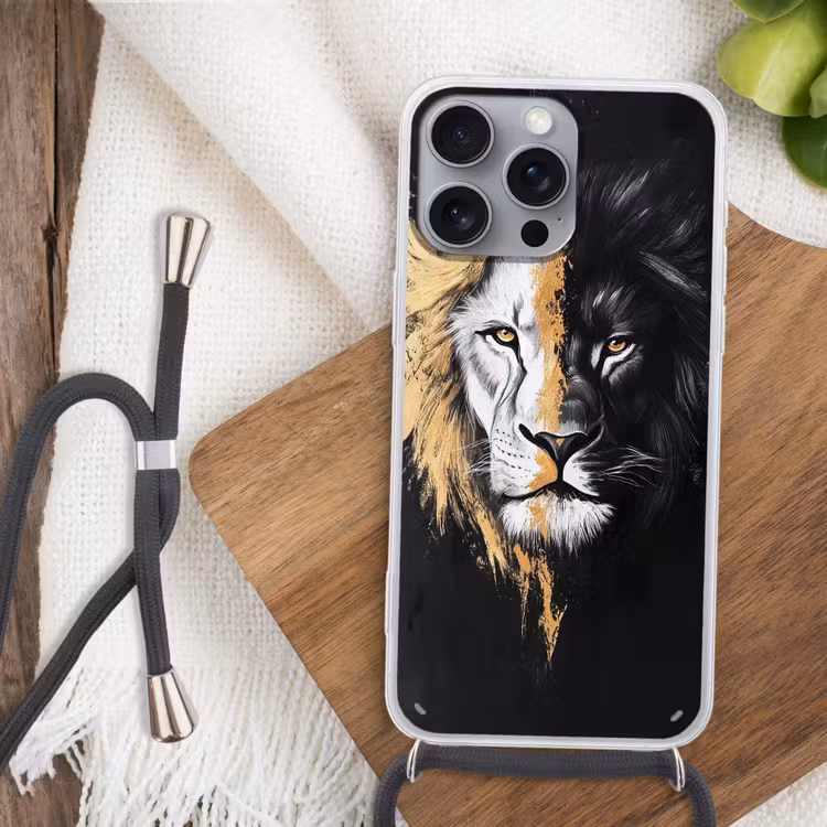 Leeuw - Gesplitst - Zwart - Lijn Hoesje iPhone 16 Pro Max met koord klein -sfeer4