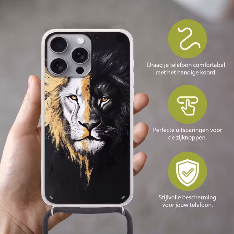 Leeuw - Gesplitst - Zwart - Lijn Hoesje iPhone 16 Pro Max met koord klein -sfeer2_NL