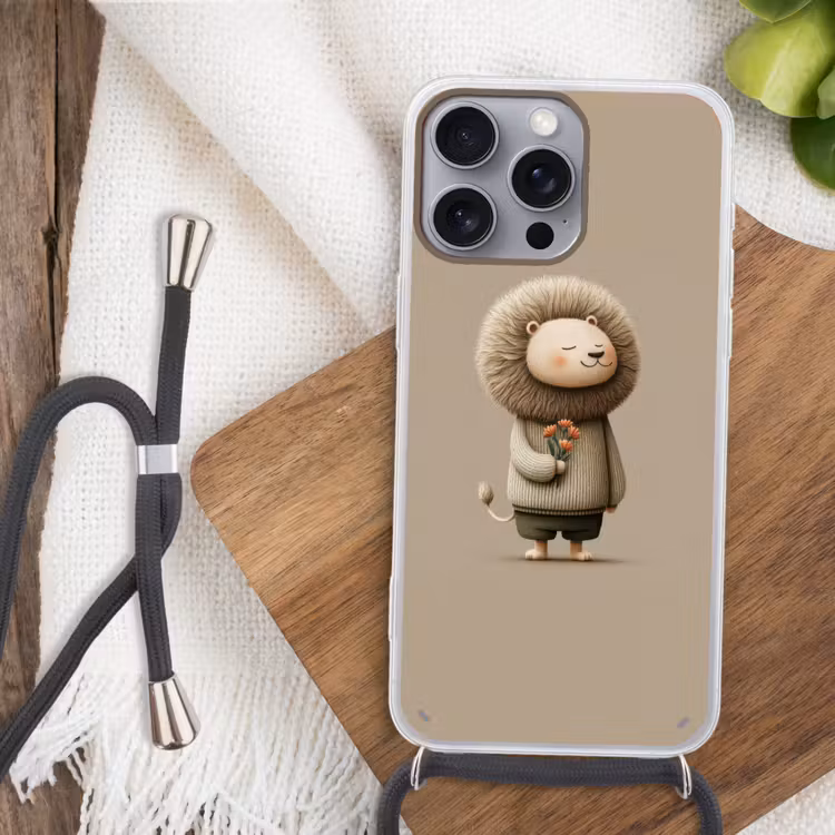 Leeuw - Oranje bloemen - Vriendelijk Hoesje iPhone 16 Pro Max met koord klein -sfeer4