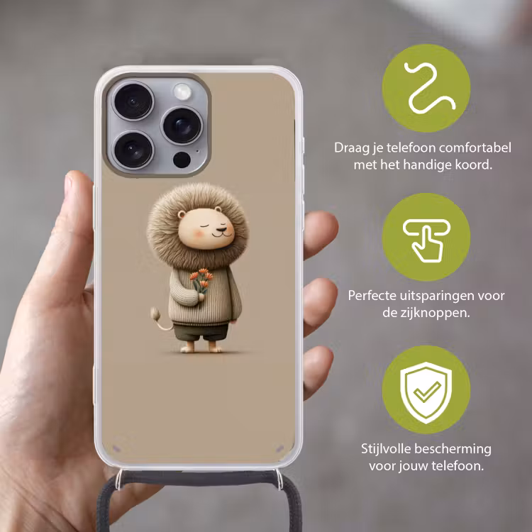 Leeuw - Oranje bloemen - Vriendelijk Hoesje iPhone 16 Pro Max met koord klein -sfeer2_NL