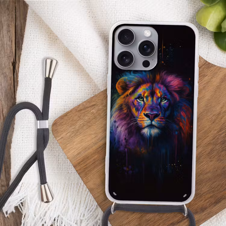 Leeuwenkop - Felgekleurd - Abstract Hoesje iPhone 16 Pro Max met koord klein -sfeer4
