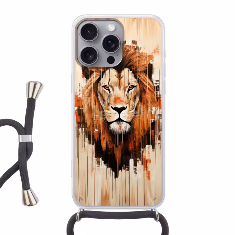 Leeuwenkop - Lijnen - Crème Hoesje iPhone 16 Pro Max met koord klein -3d