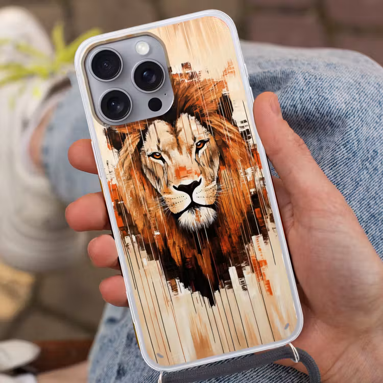 Leeuwenkop - Lijnen - Crème Hoesje iPhone 16 Pro Max met koord klein -sfeer3