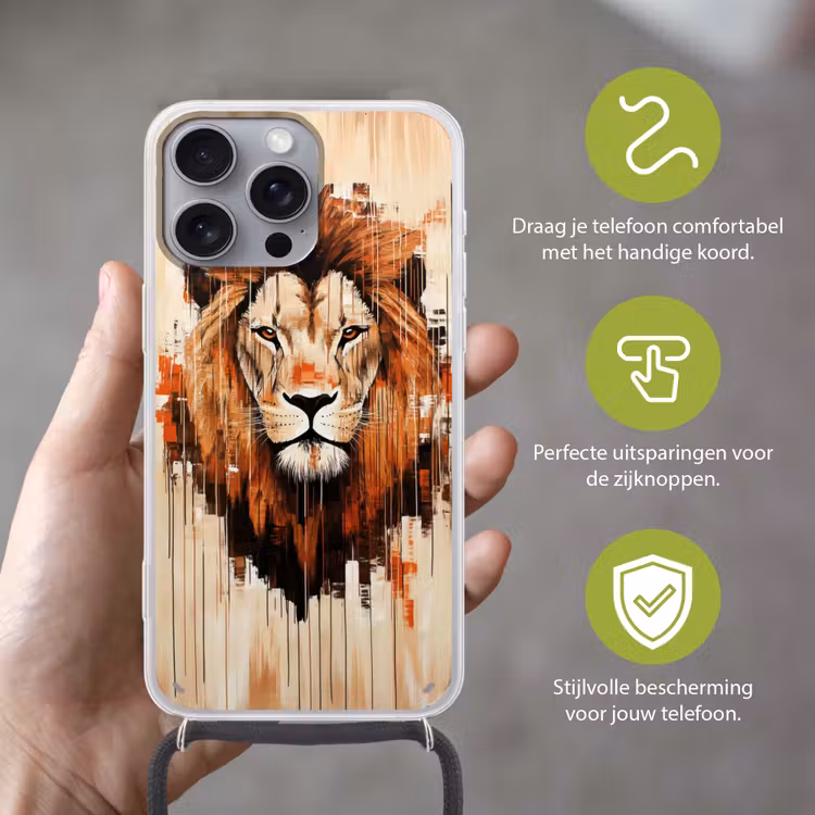 Leeuwenkop - Lijnen - Crème Hoesje iPhone 16 Pro Max met koord klein -sfeer2_NL
