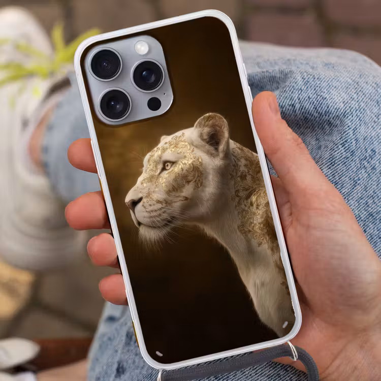 Leeuwin - Bloemen - Wit - Goud Hoesje iPhone 16 Pro Max met koord klein -sfeer3