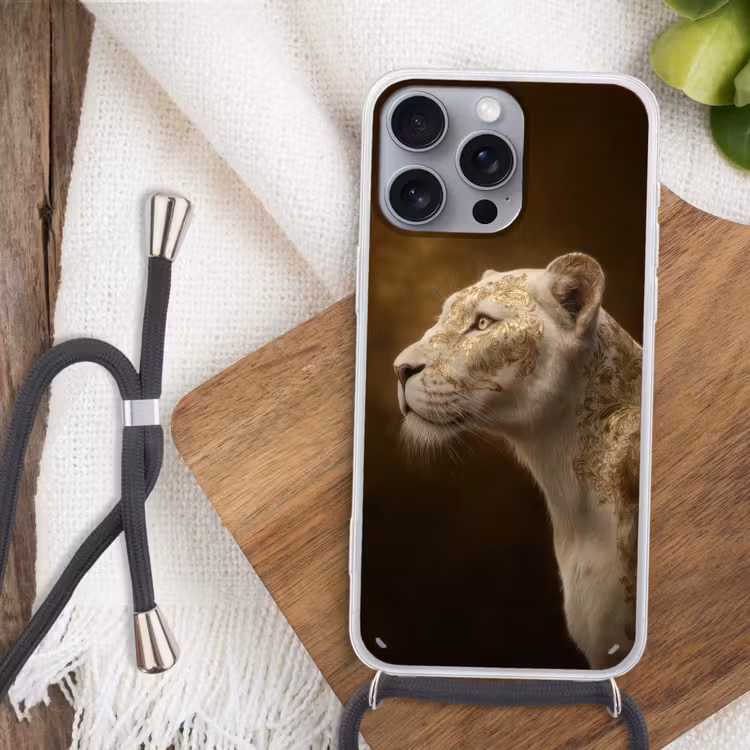 Leeuwin - Bloemen - Wit - Goud Hoesje iPhone 16 Pro Max met koord klein -sfeer4